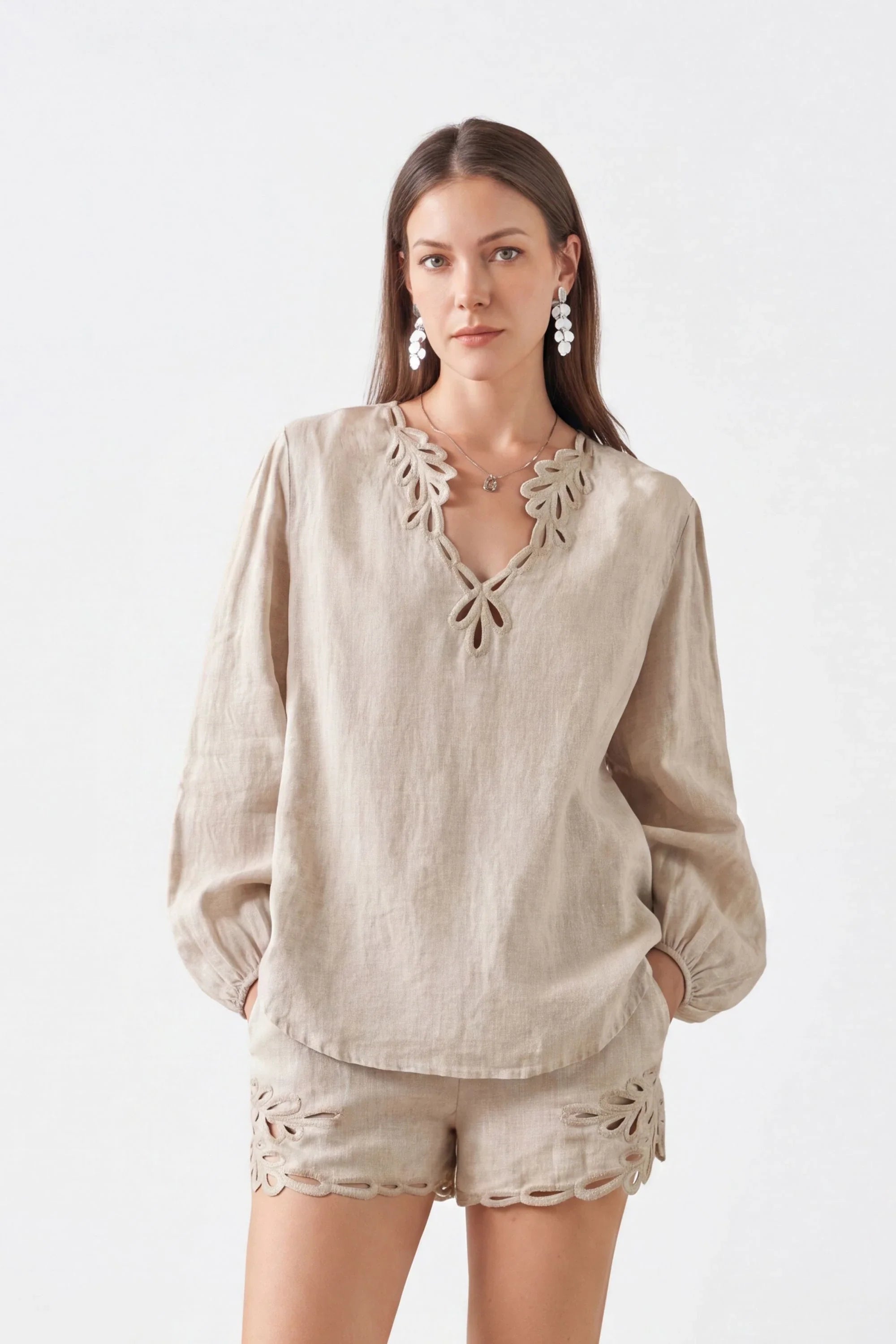 Elppis Nature UV Collection wholesale collection featuring Beige Linen Long-Sleeve Blouse with Cutwork Embroidery