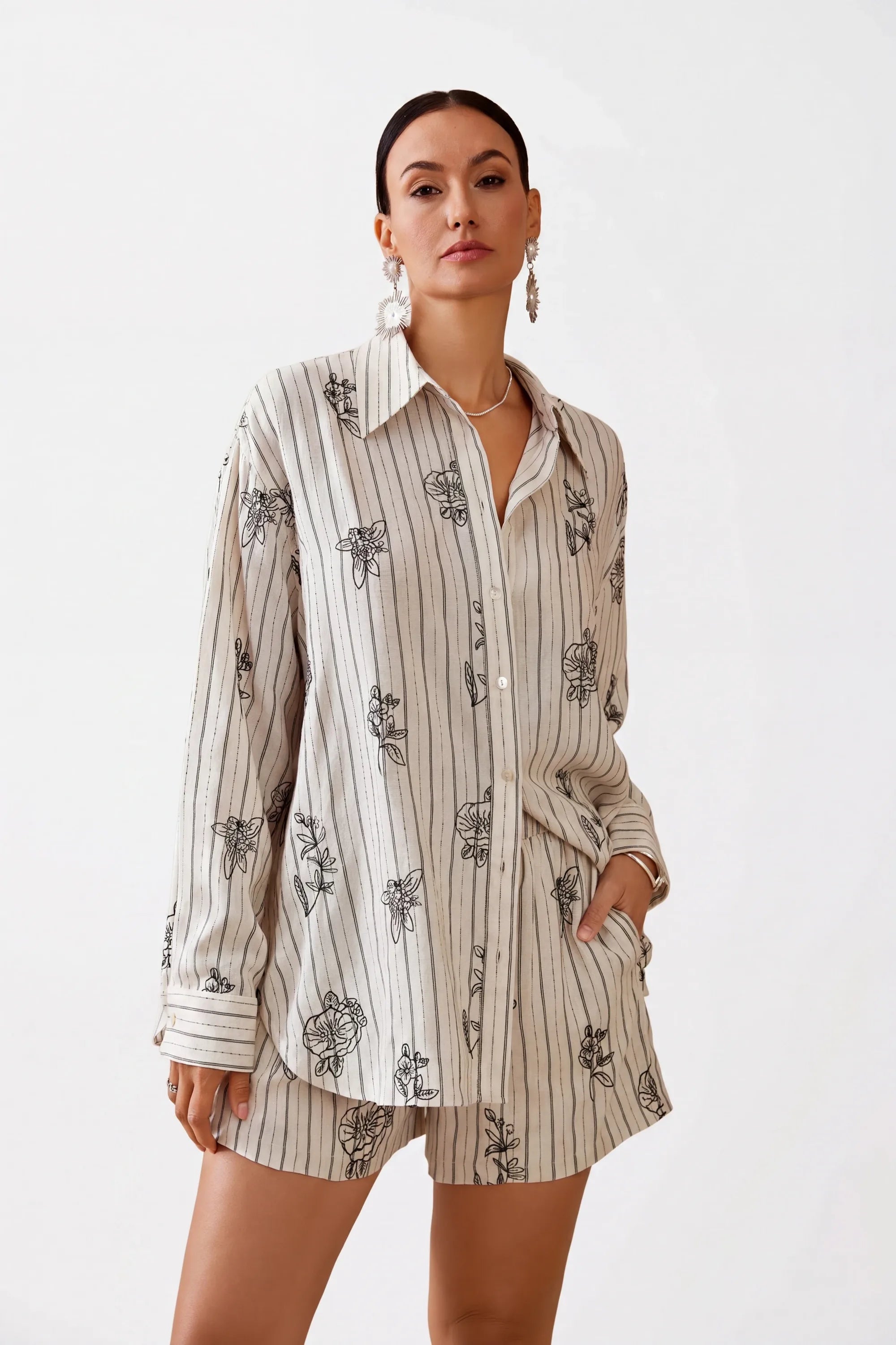 Striped Tops wholesale collection featuring Beige Striped Linen-Rayon Blend Shirt with Black Floral Print