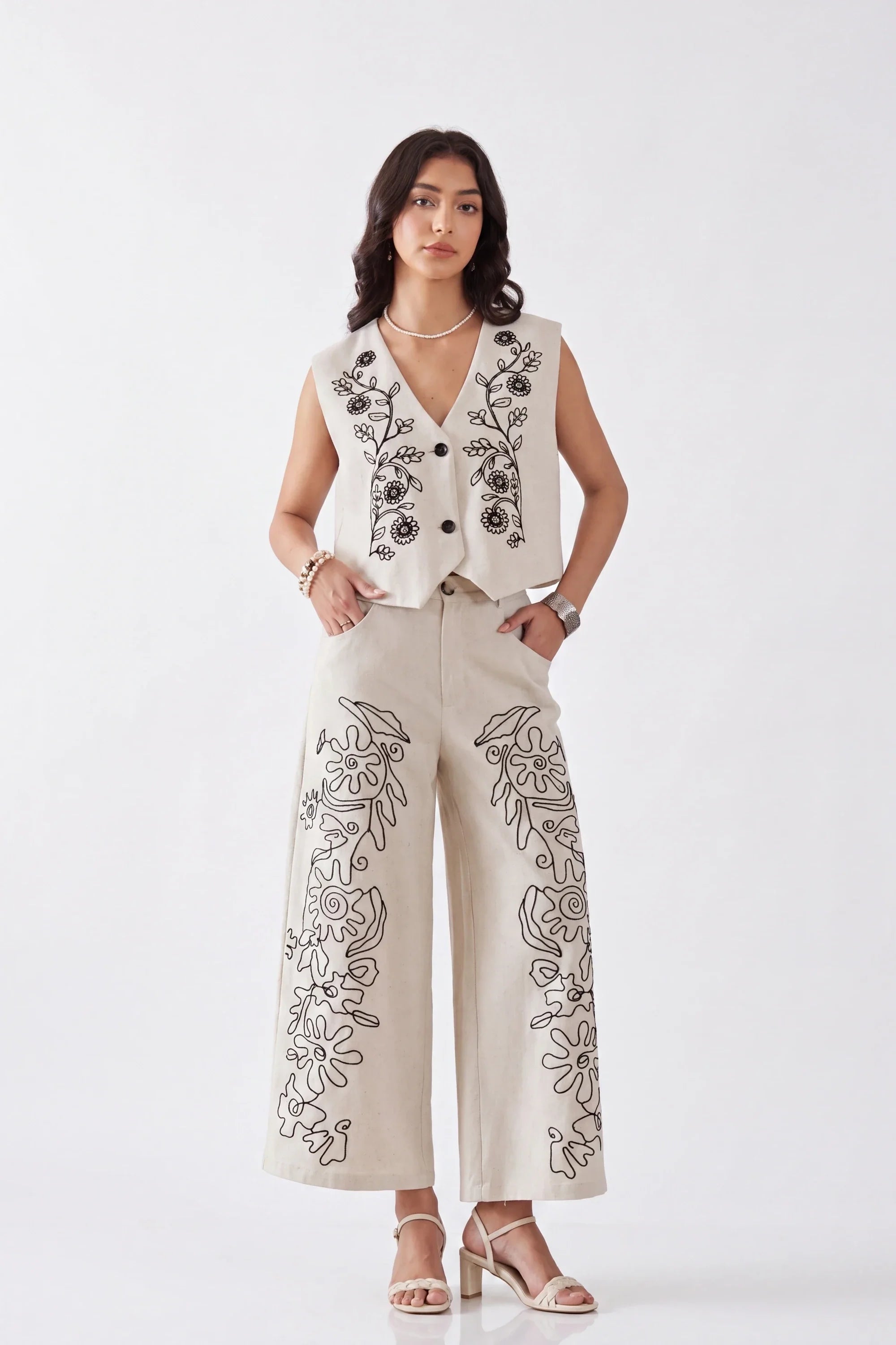 Vests wholesale collection featuring Beige Viscose-Linen Blend Floral Embroidery Sleeveless Vest