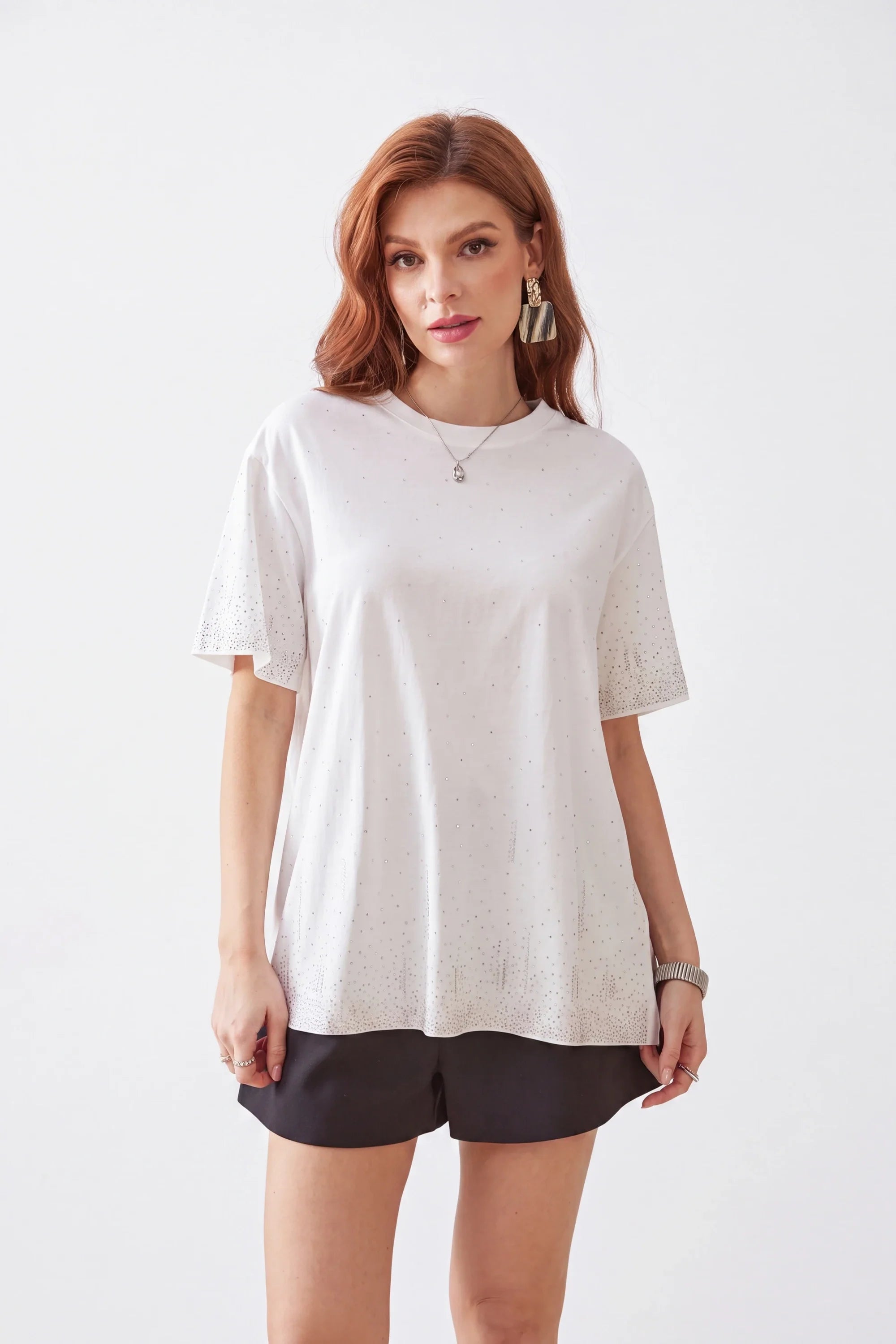Embellished Tops wholesale collection featuring White Oversized T-Shirt with Gradient Rhinestone Dot Embellishments