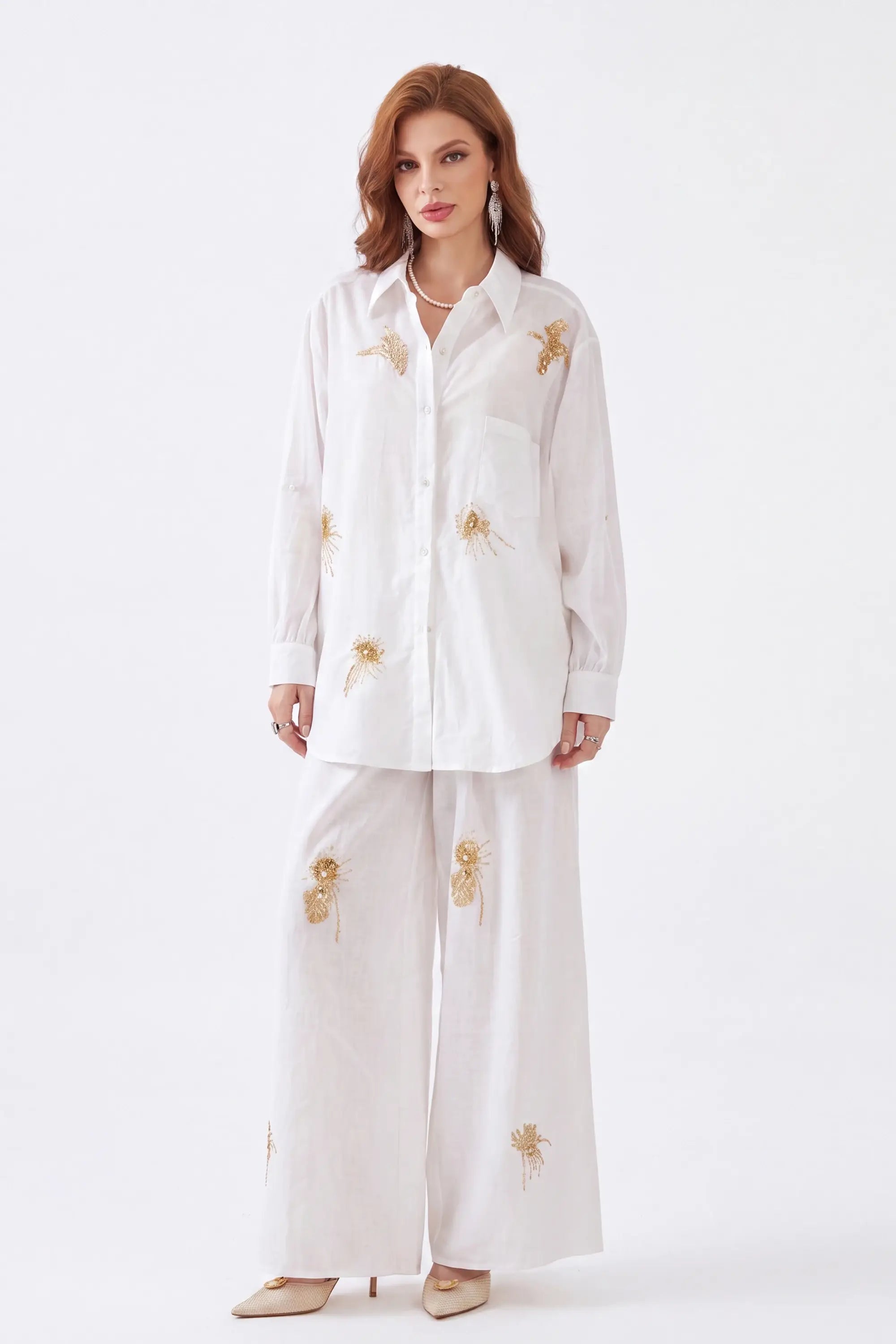 Best-Selling Solid Styles wholesale collection featuring White Ramie-Cotton Blend Shirt with Gold Crane Bead Embroidery