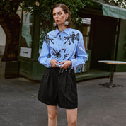 Metal eyelet belted striped loose wide-leg shorts
