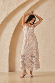 Blush Pink Floral Crochet Lace Sleeveless Midi Dress