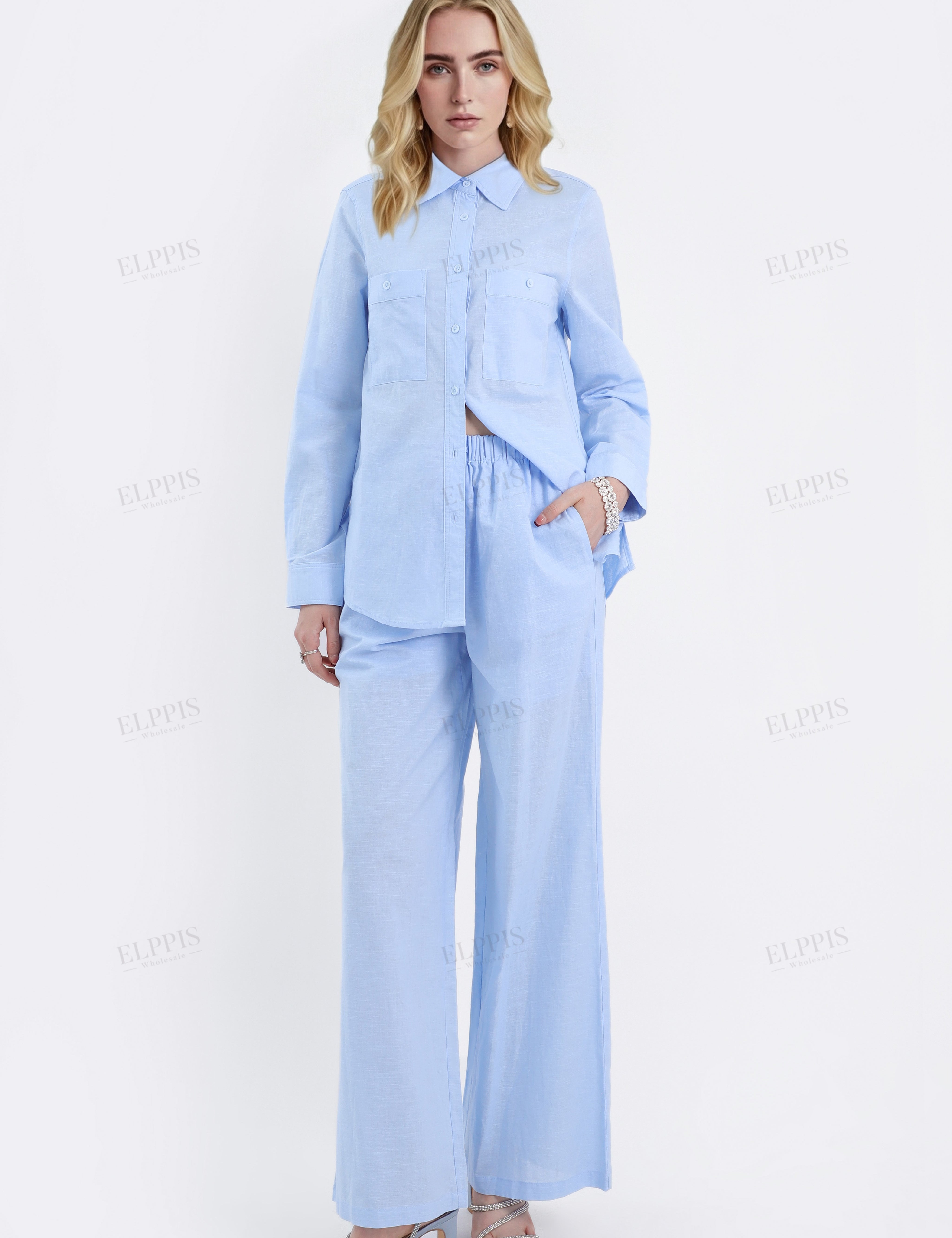Light Blue Linen-Cotton Long-Sleeve Button-Down Shirt