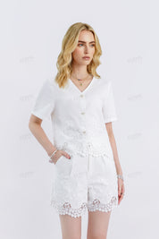 White Linen Short-Sleeve Cardigan with Cutwork Lace Detail