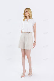 White Linen V-Neck Top with Lace Cap Sleeves & Pin-Tuck Detailing