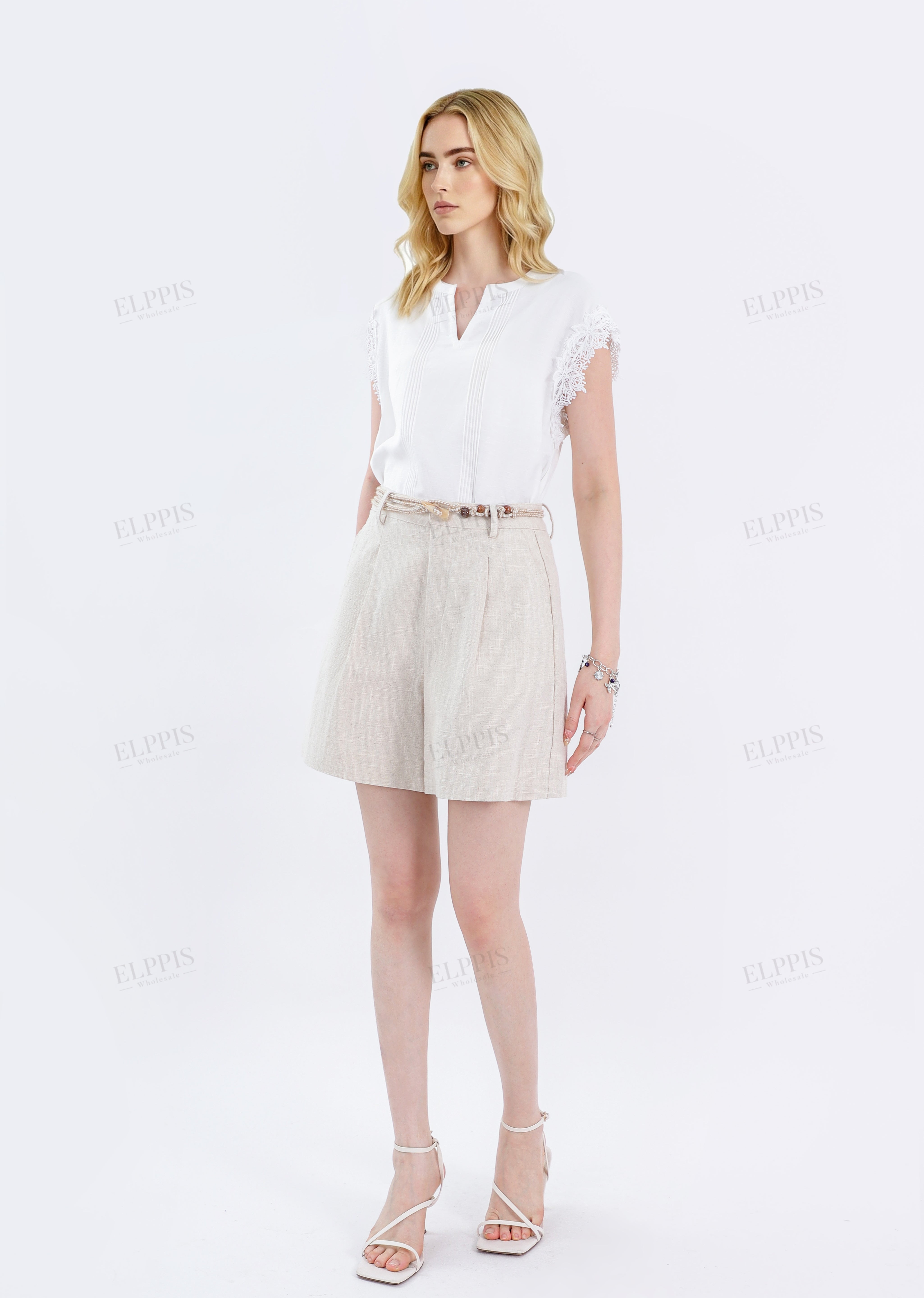 White Linen V-Neck Top with Lace Cap Sleeves & Pin-Tuck Detailing