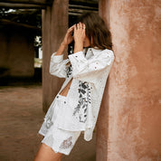 Cut-out cotton embroidered H-line long sleeve shirt