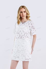 White Floral Lace Short-Sleeve Shift Dress