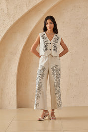 Beige Cotton-Linen Blend Floral Embroidery Sleeveless Vest