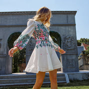 French vacation style embroidered floral shirt