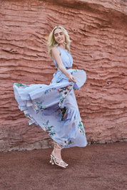 Light Lavender Watercolor Floral Sleeveless Twist-Waist Ruffled Midi Dress