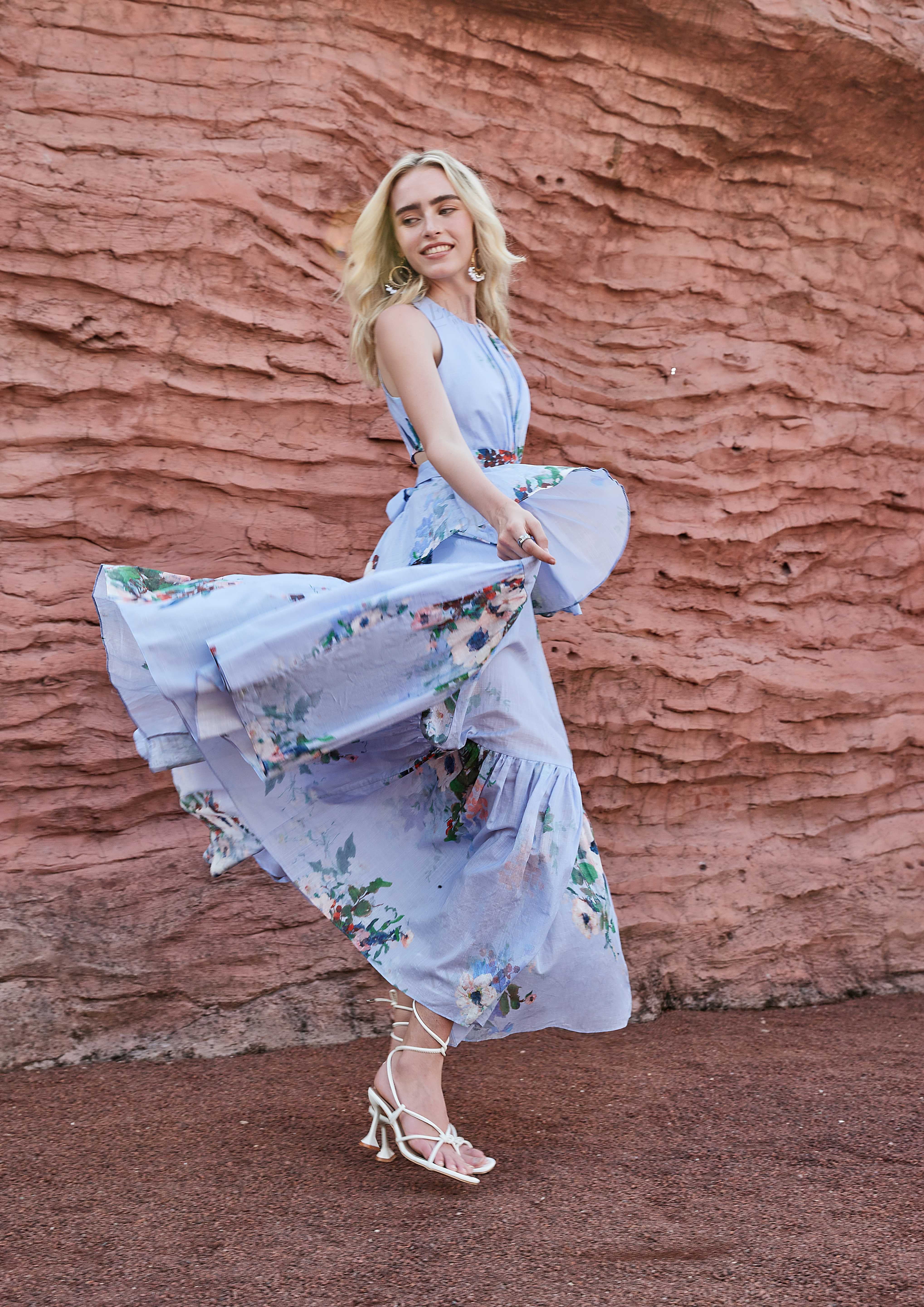 Light Lavender Watercolor Floral Sleeveless Twist-Waist Ruffled Midi Dress