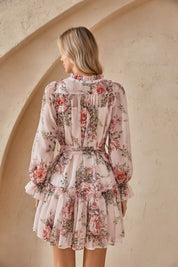 Blush Pink Romantic Rose Print Chiffon Tunic with Ruffled Hem