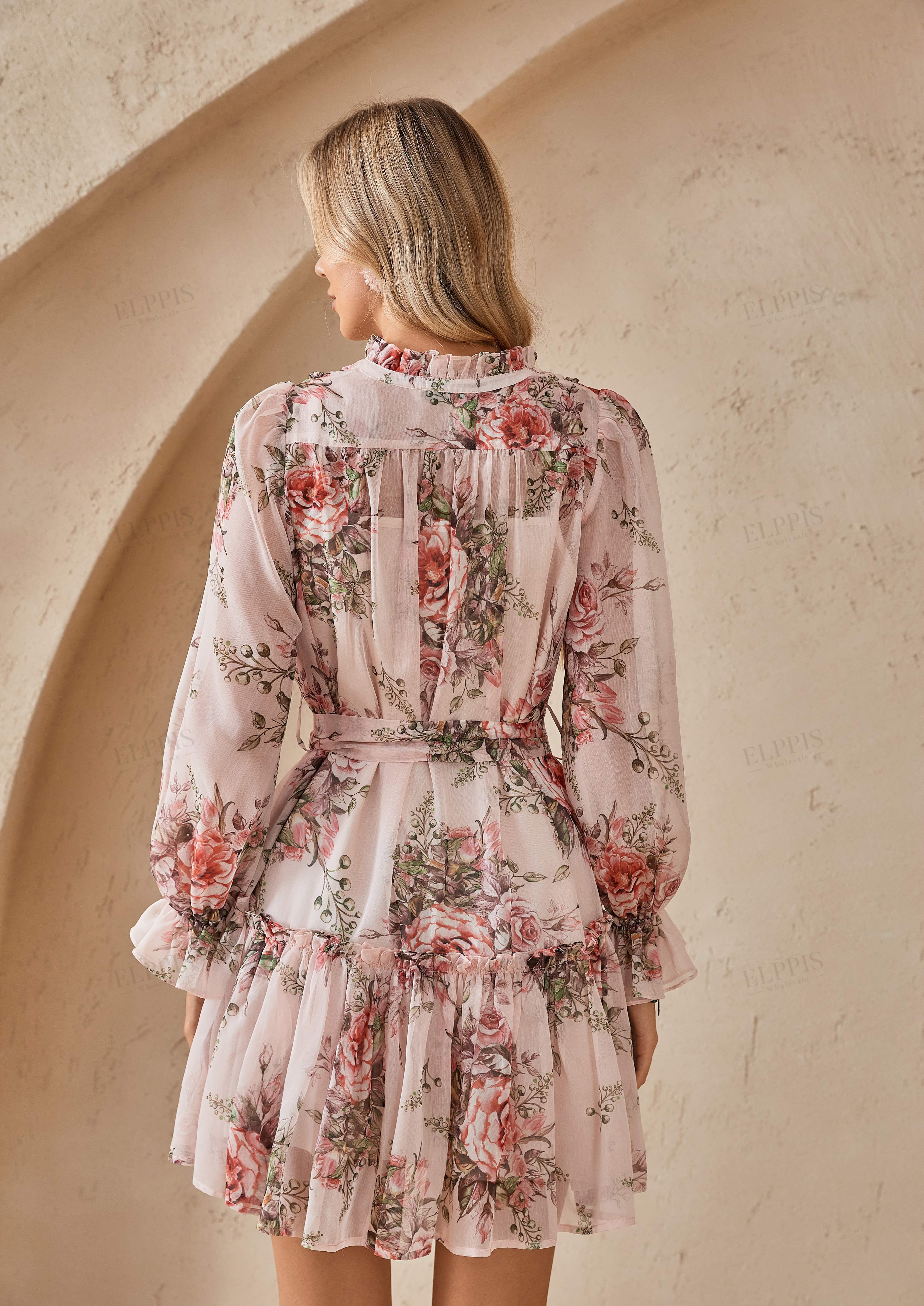 Blush Pink Romantic Rose Print Chiffon Tunic with Ruffled Hem