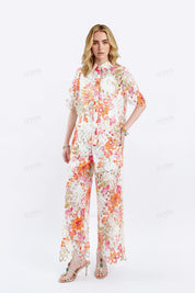 Printed Cutout Lace Short-Sleeve Shirt