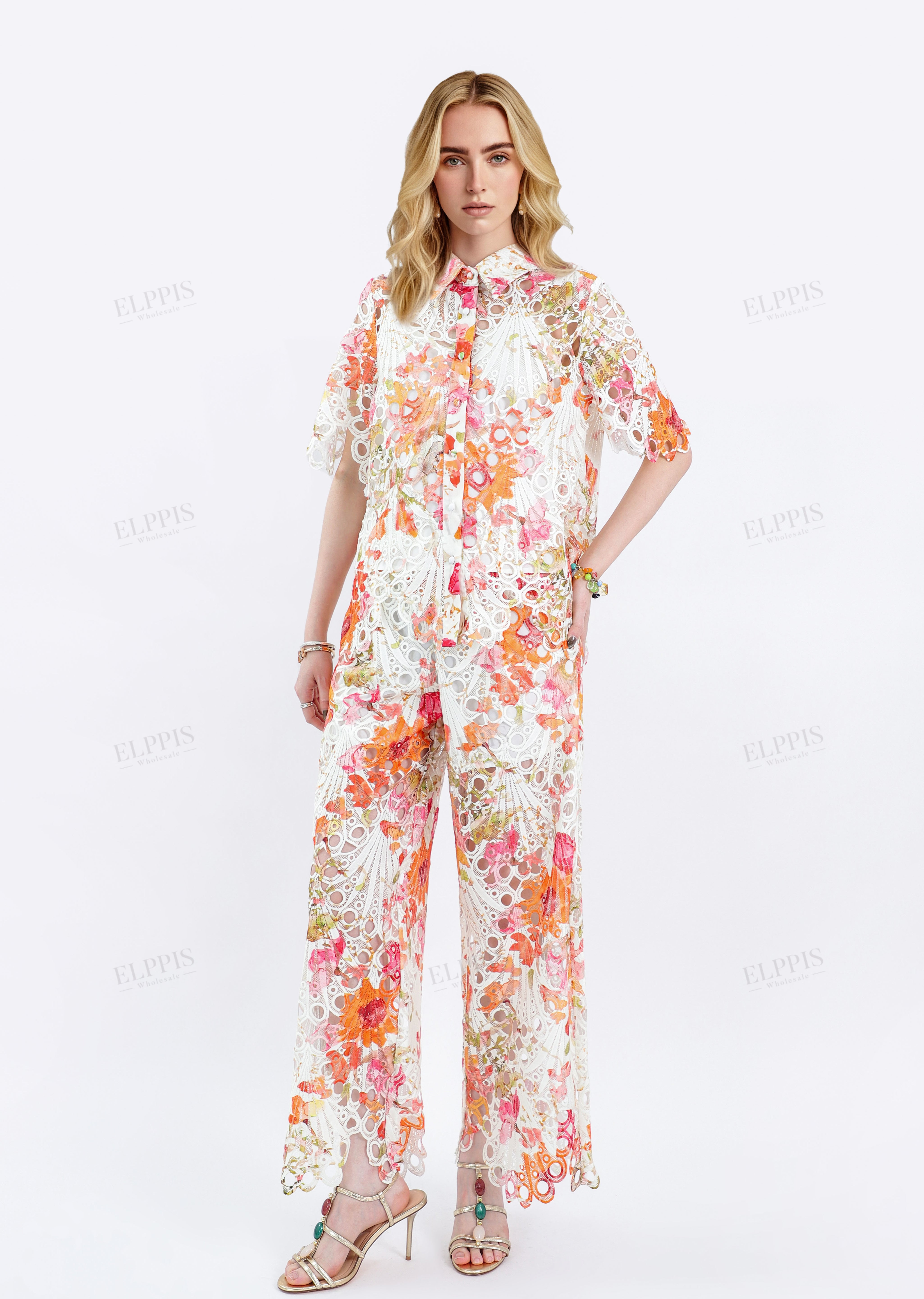 Printed Cutout Lace Short-Sleeve Shirt