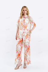 Printed Cutout Lace Short-Sleeve Shirt