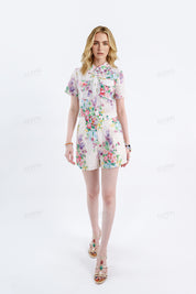 Cream Floral Print Eyelet Shorts with Self-Tie Belt