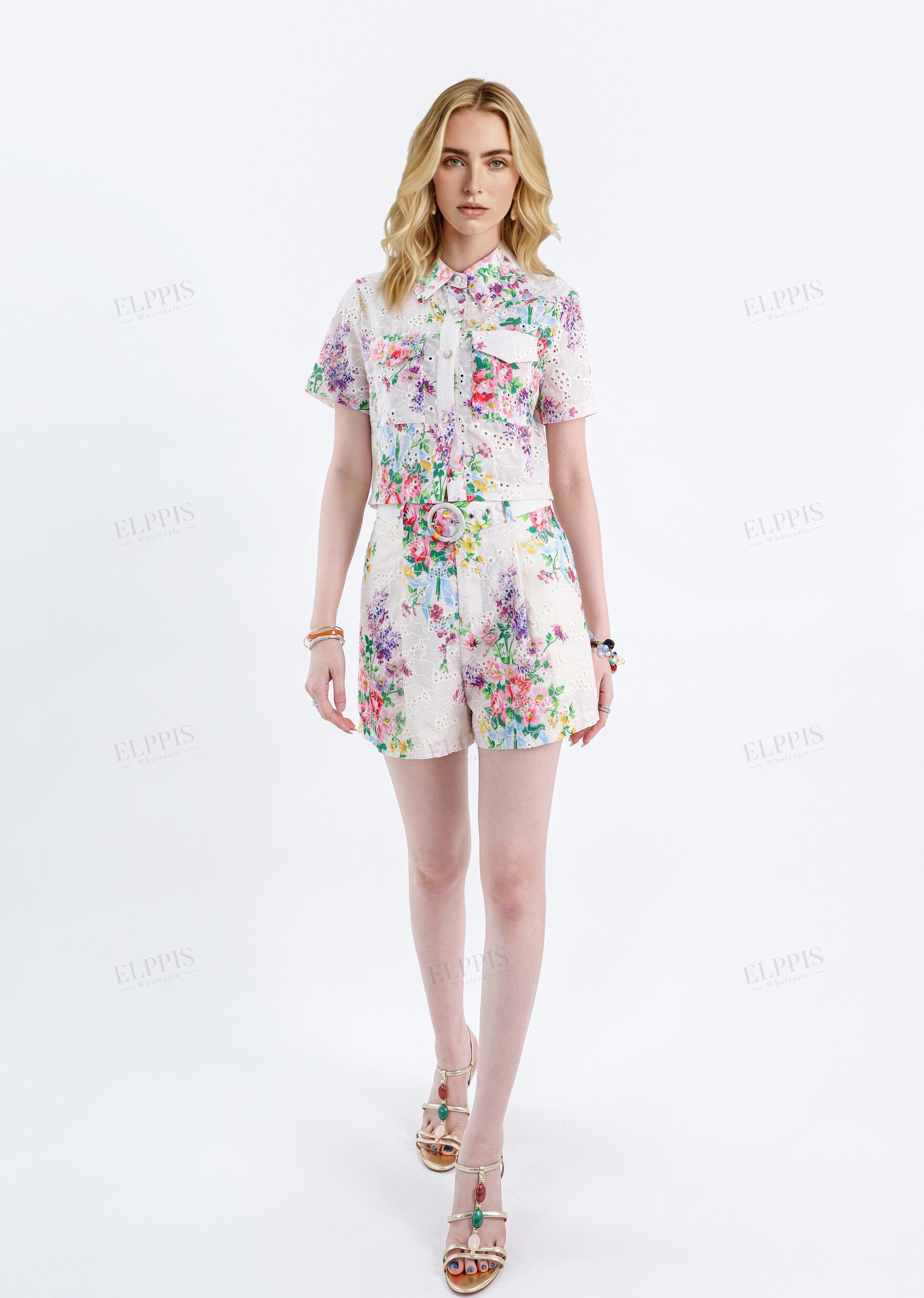 Cream Floral Print Eyelet Shorts with Self-Tie Belt