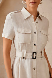 Beige Linen-Blend Shirt Dress with Belt