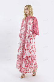 Red & White Patterned High-Neck Long-Sleeve Maxi Dress