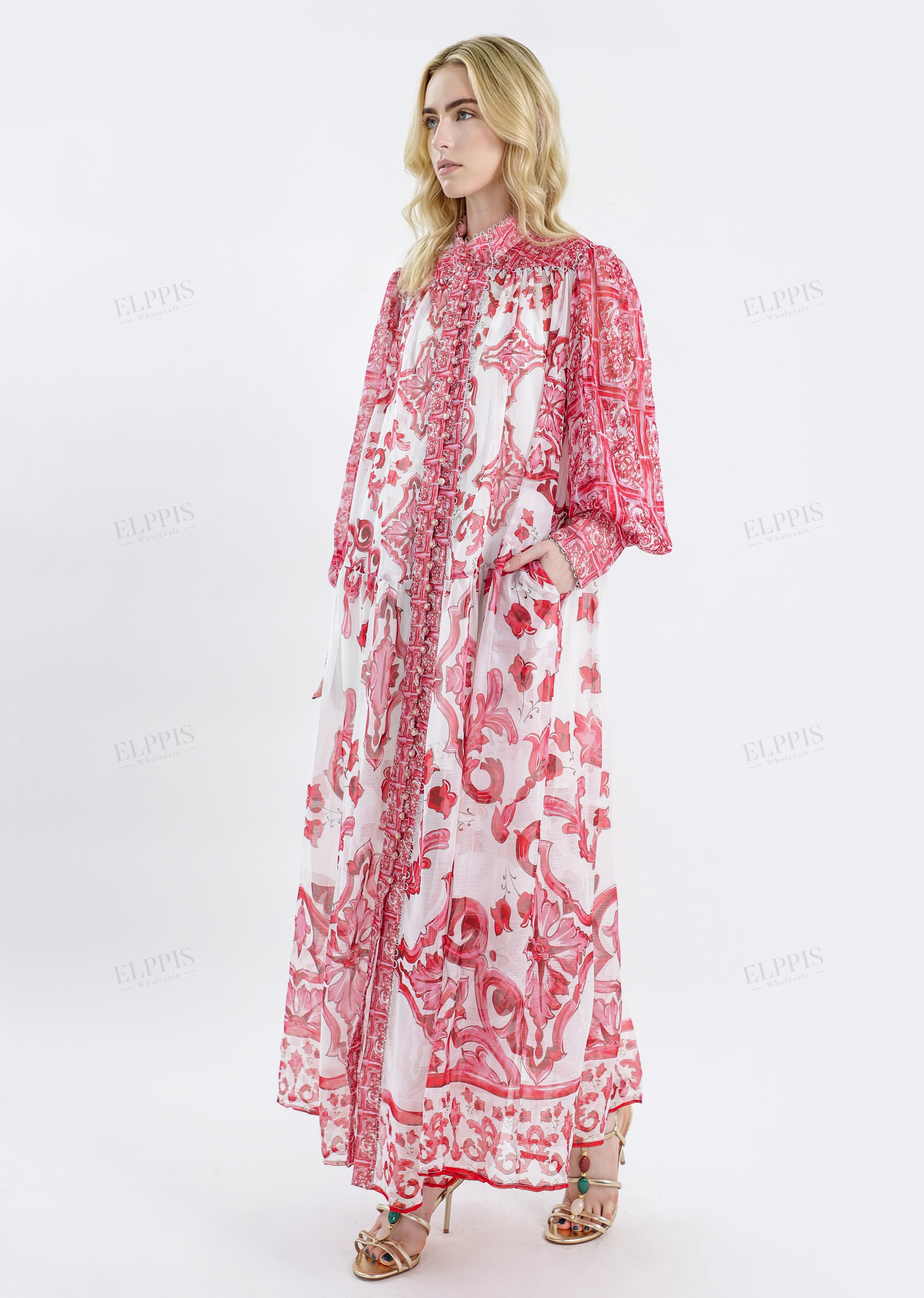 Red & White Patterned High-Neck Long-Sleeve Maxi Dress