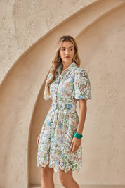 Floral Lace Puff Sleeve Shirt Dress with Belt