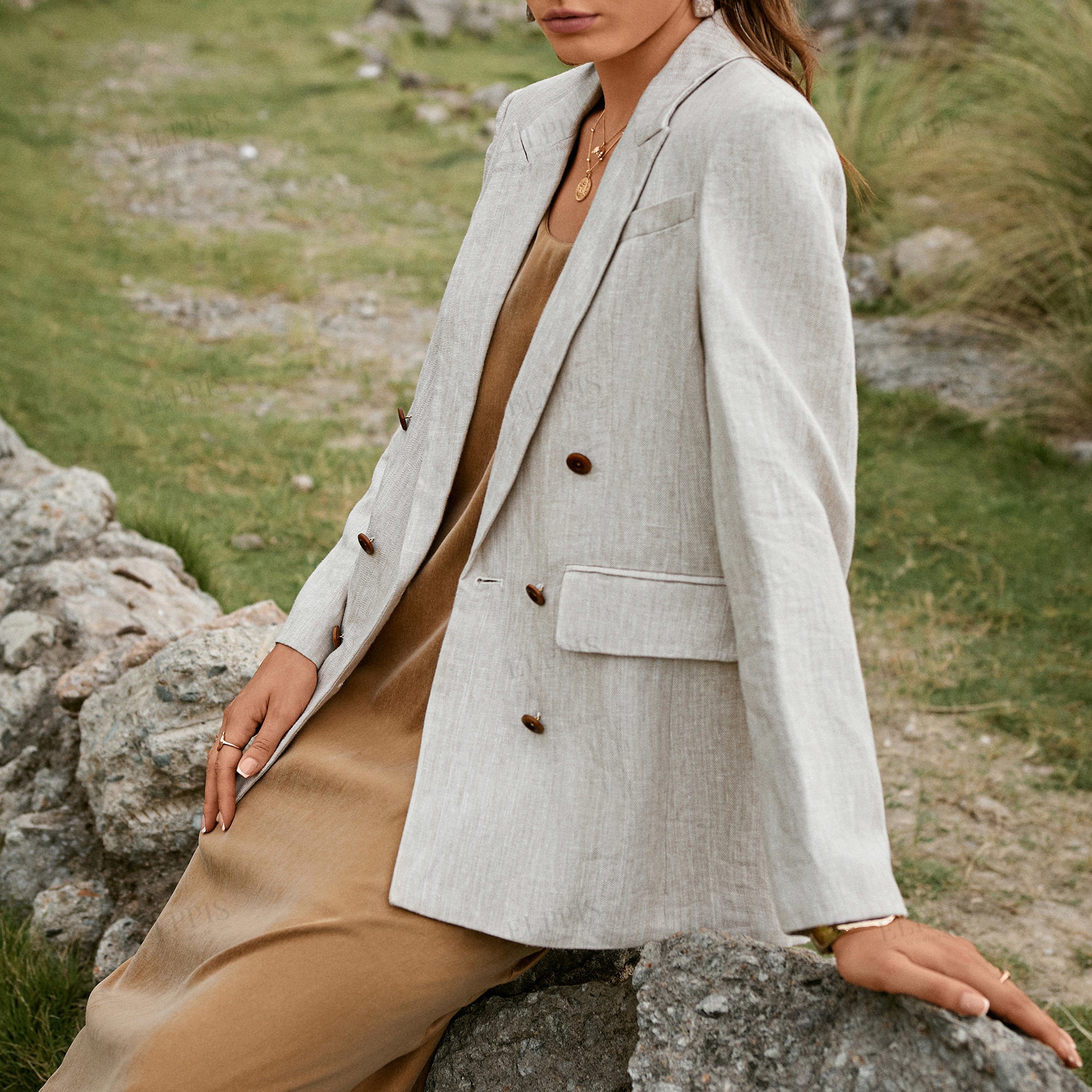 Beige cotton linen blazer long sleeve blazer