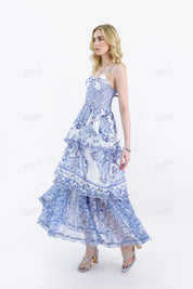 Blue & White Porcelain Pattern Tiered Cami Maxi Dress