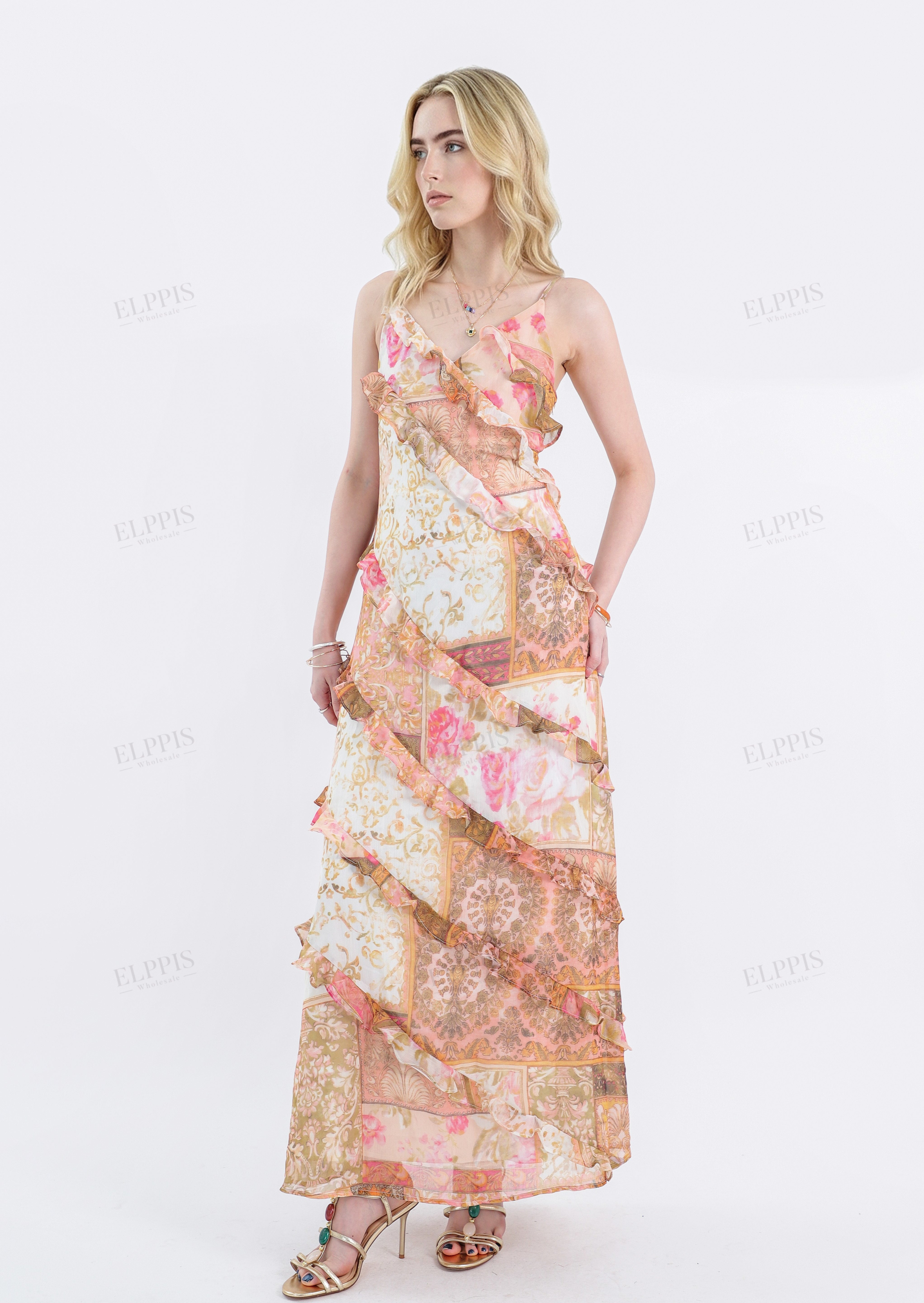 Floral Patchwork Ruffled Cami Maxi Dress
