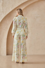 Cream Floral Print Eyelet Cropped Blouse with Bishop Sleeves