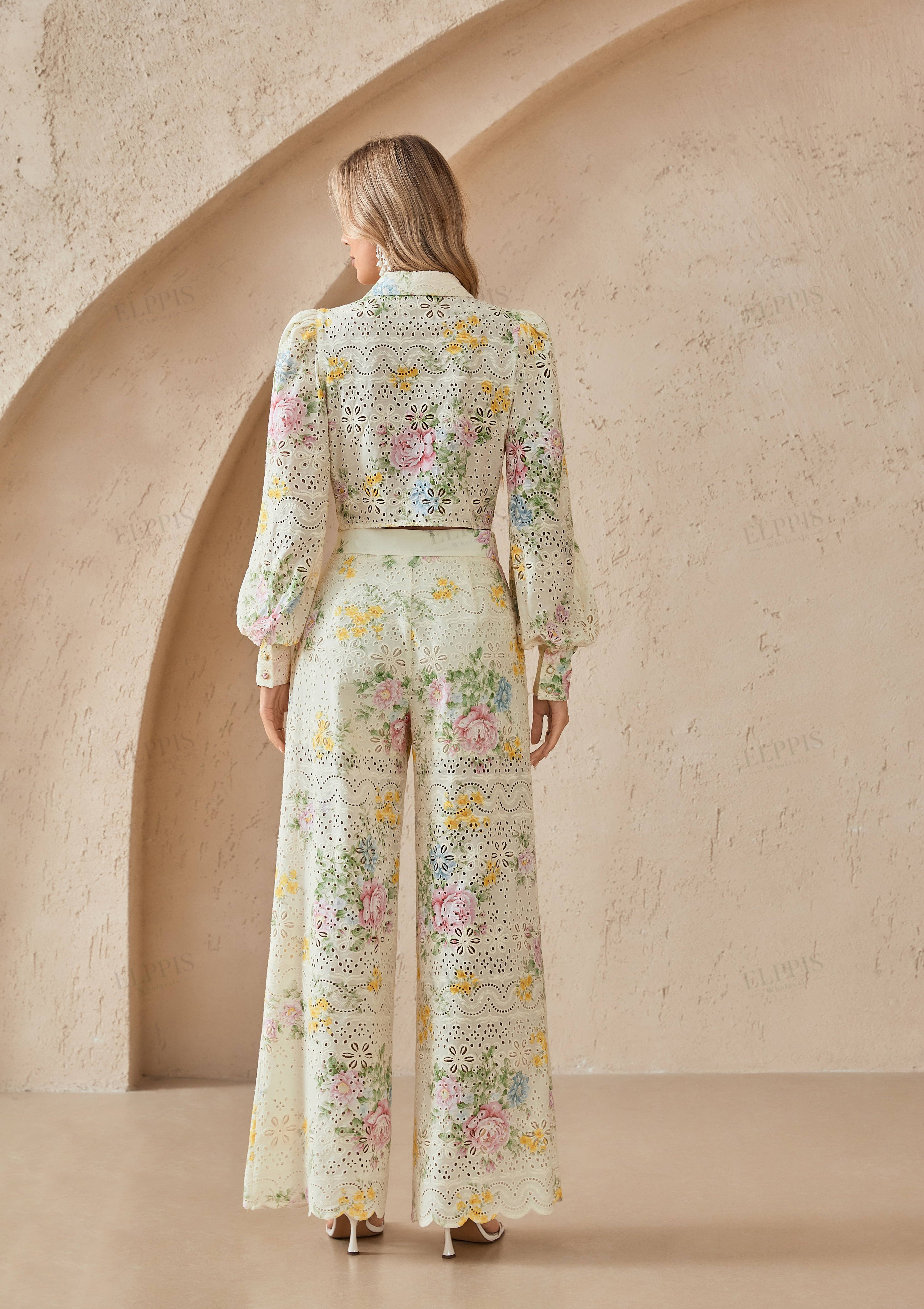 Cream Floral Print Eyelet Cropped Blouse with Bishop Sleeves