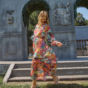 3D flower decorated collar long sleeve geometric print A-line long dress