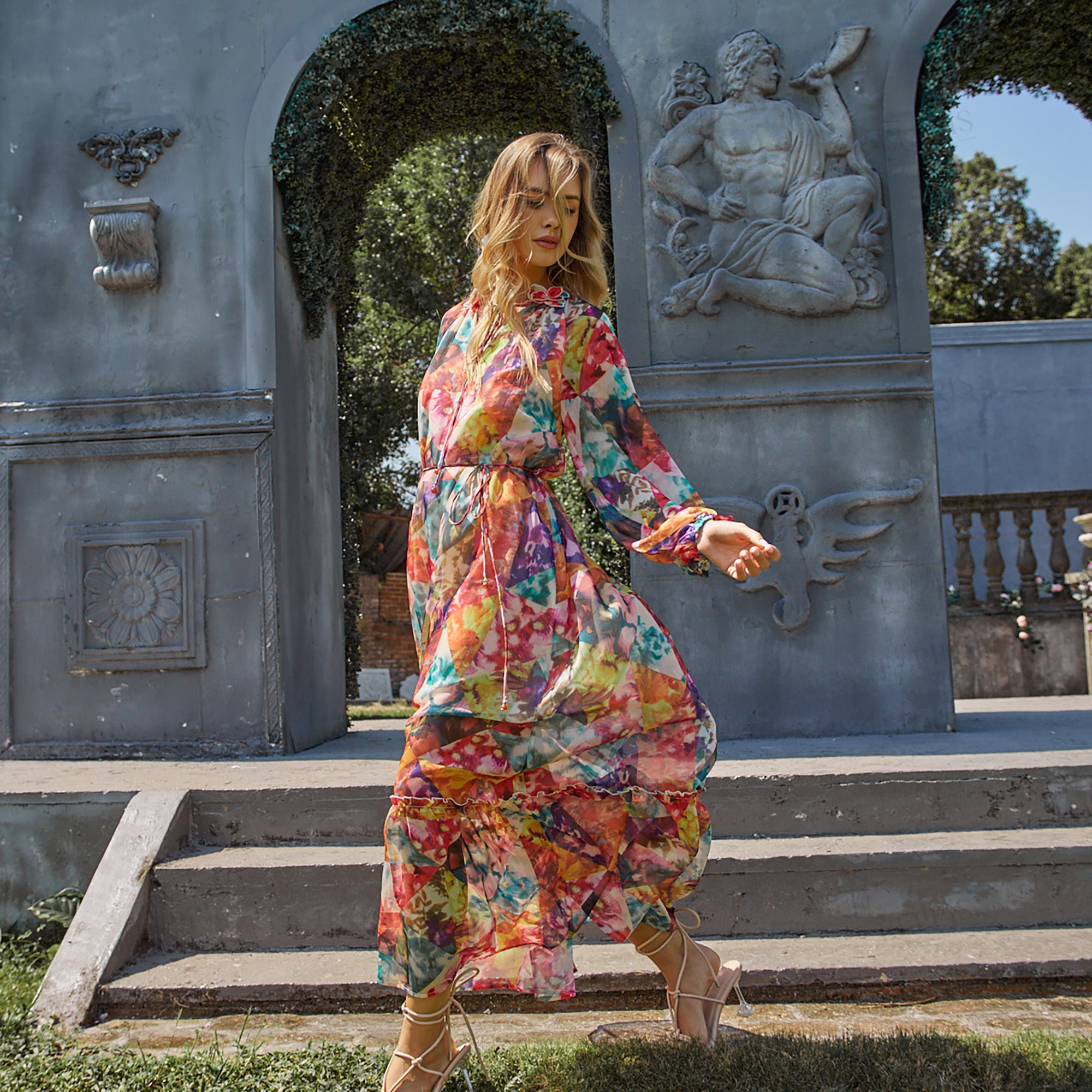 3D flower decorated collar long sleeve geometric print A-line long dress