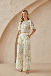 Cream Floral Print Eyelet Cropped Top with Flared Sleeves & Scalloped Hem