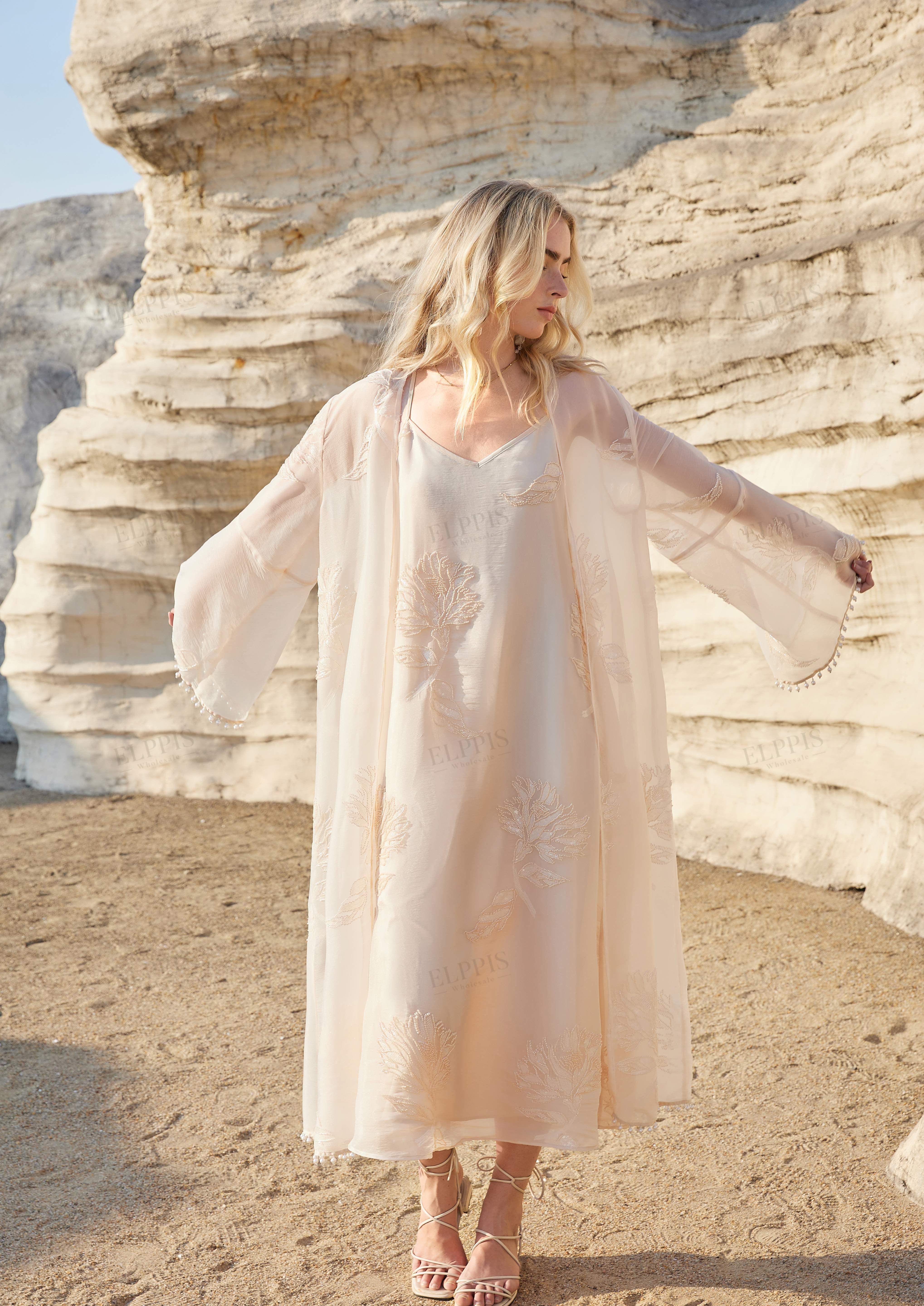 Blush Pink Sheer Midi Slip Dress with Gold Leaf Embroidery