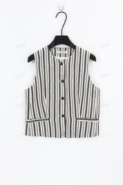 Beige Cotton-Linen Blend Stripe Sleeveless Vest