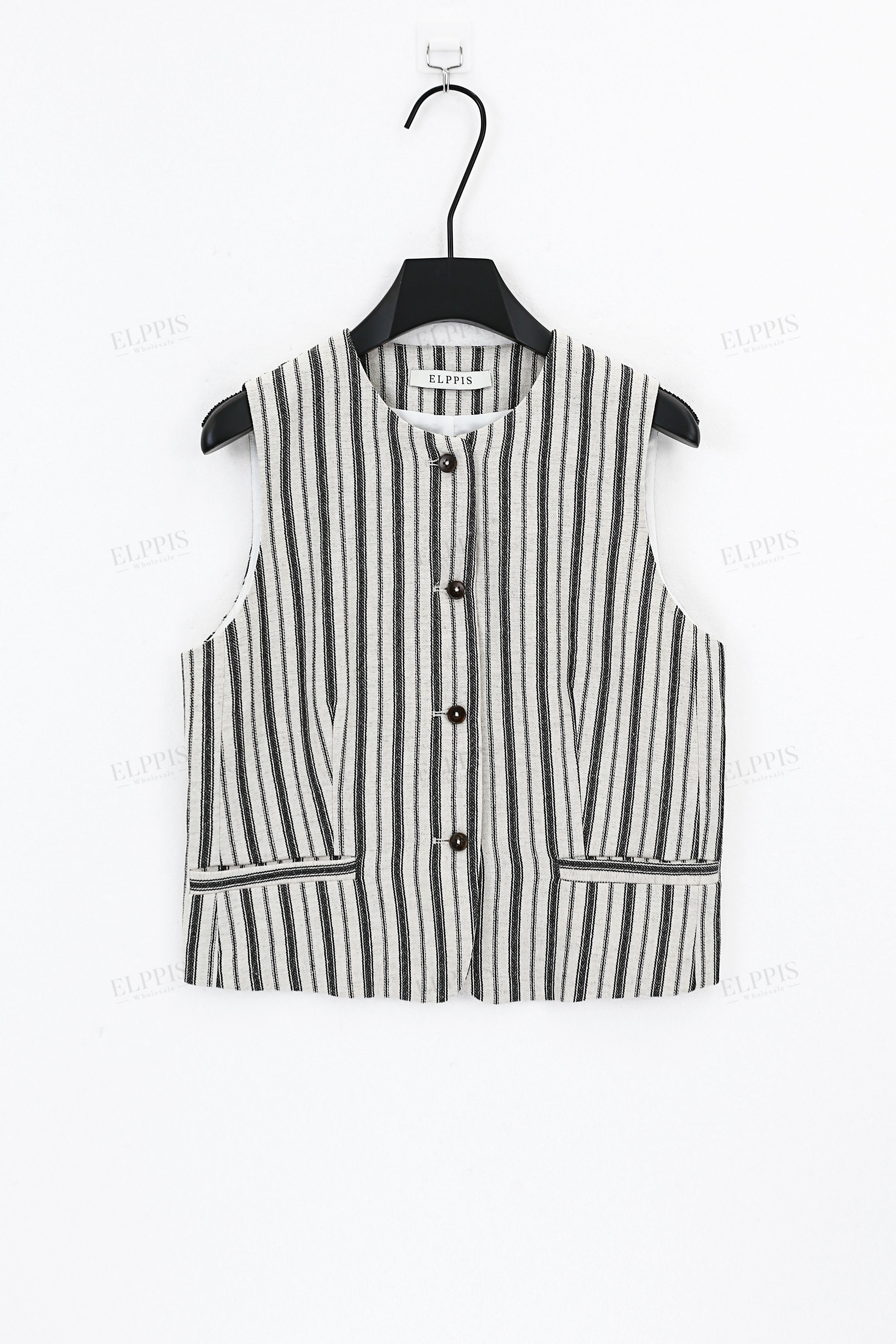 Beige Cotton-Linen Blend Stripe Sleeveless Vest