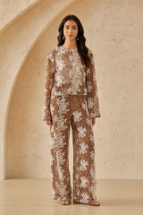 Brown & White Floral Lace Cropped Blouse with Bell Sleeves