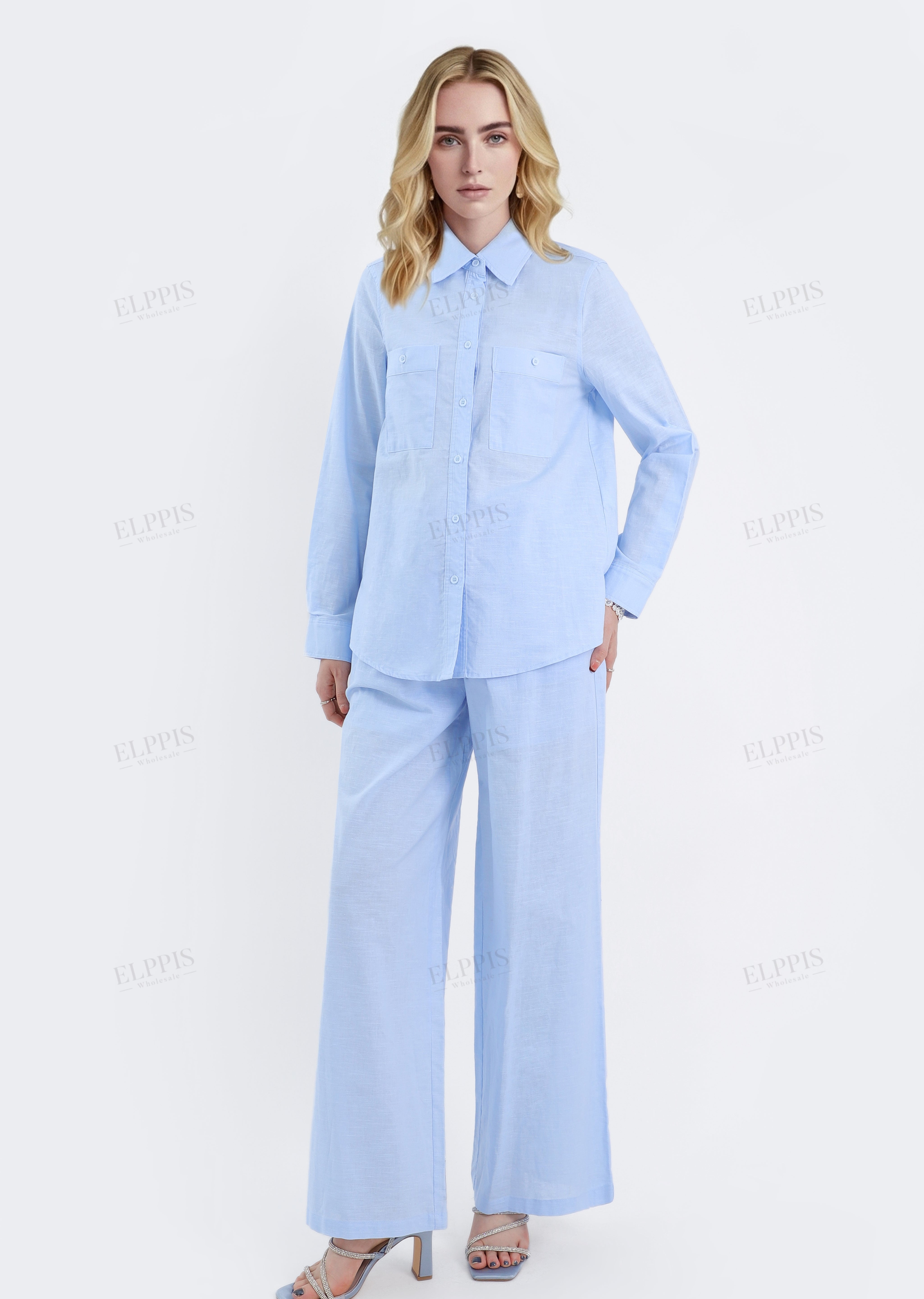 Light Blue Linen-Cotton Long-Sleeve Button-Down Shirt