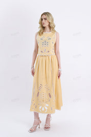 Yellow Maxi Skirt with Leaf Cutouts & Ruffled Trim