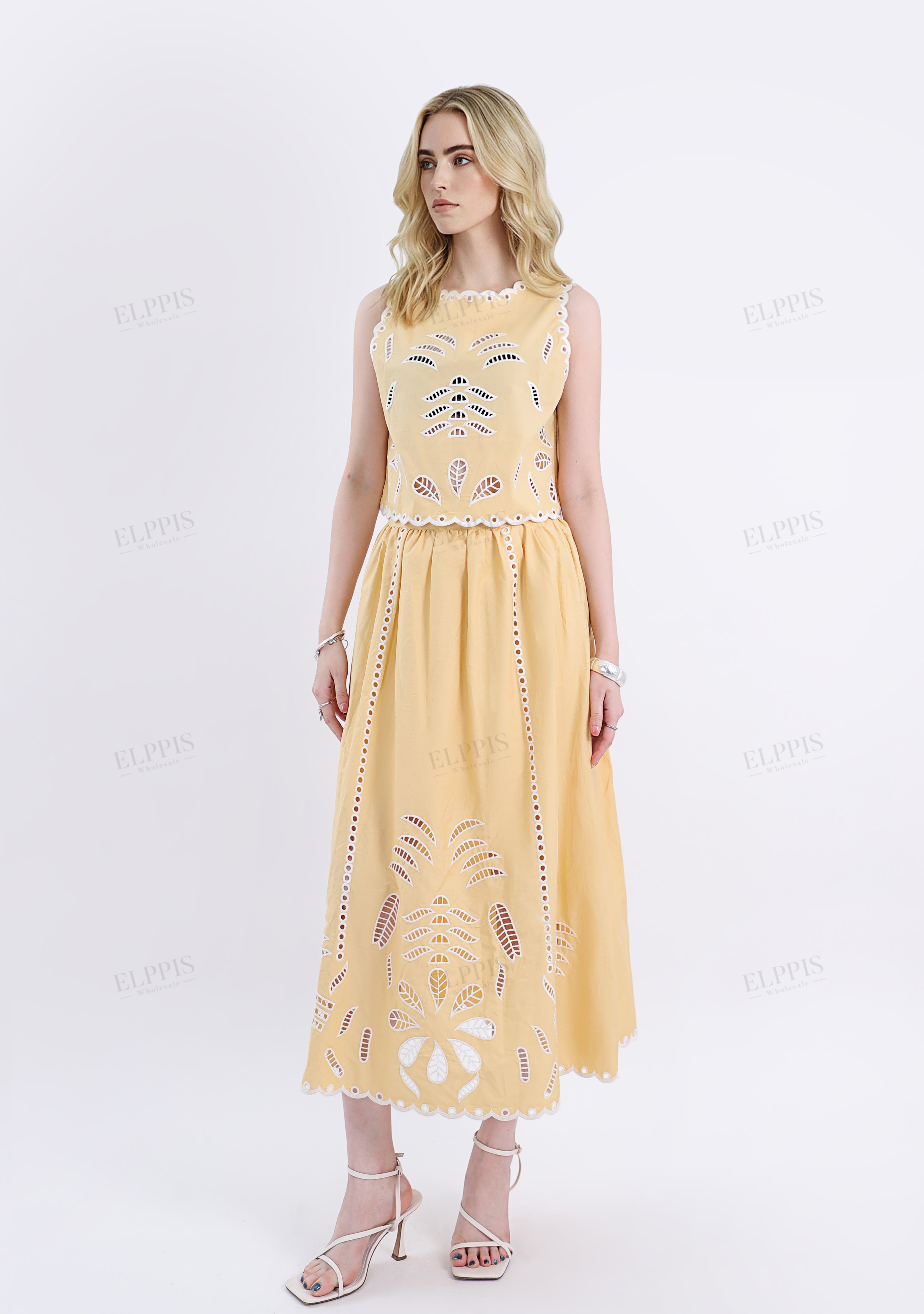 Yellow Maxi Skirt with Leaf Cutouts & Ruffled Trim