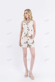 Beige Linen-Cotton Floral Embroidered Waistcoat