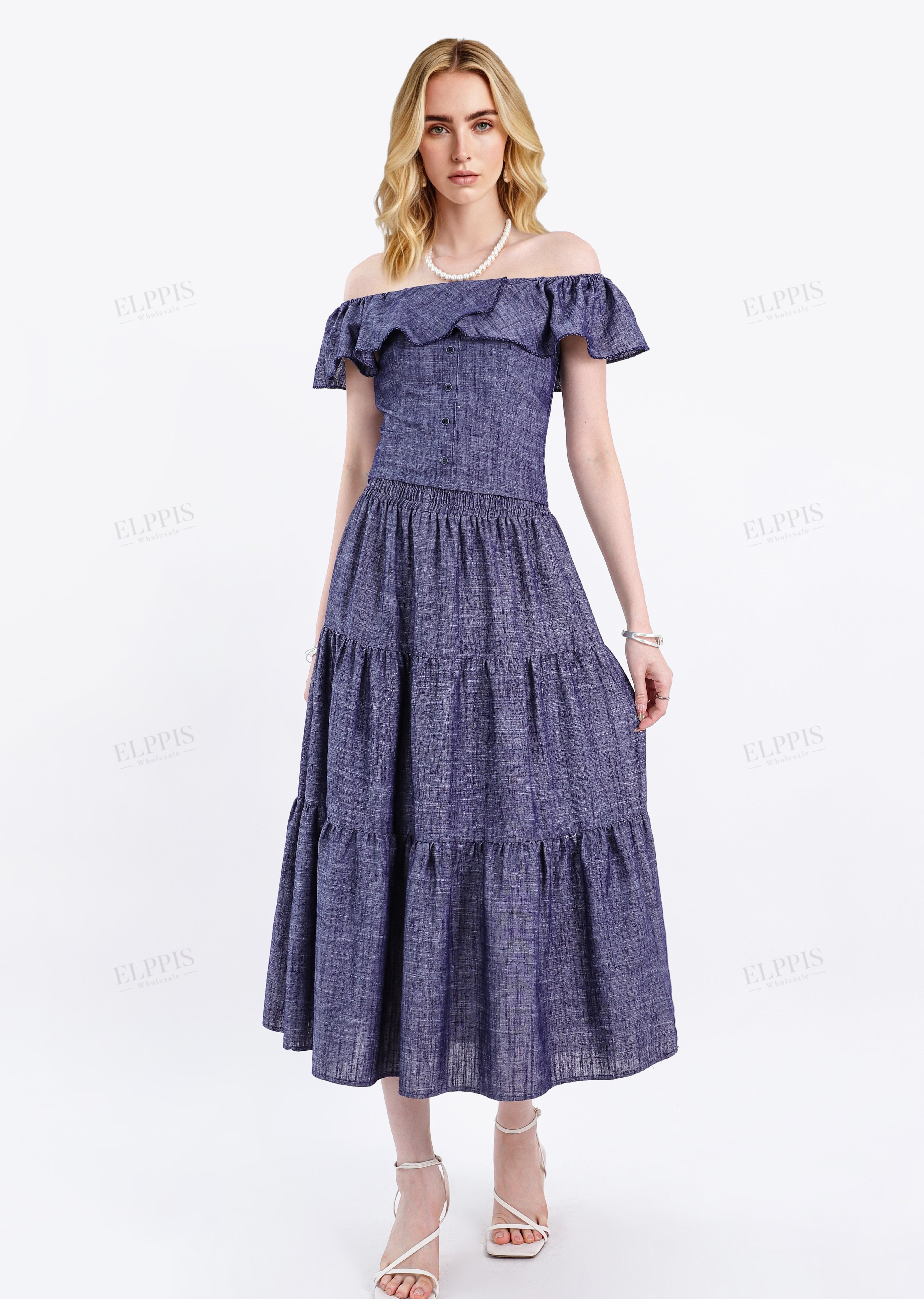 Navy Blue Woven Crop Top with Off-Shoulder Ruffle Detail