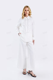 White Sheer Long-Sleeve Shirt with Embroidered Pocket