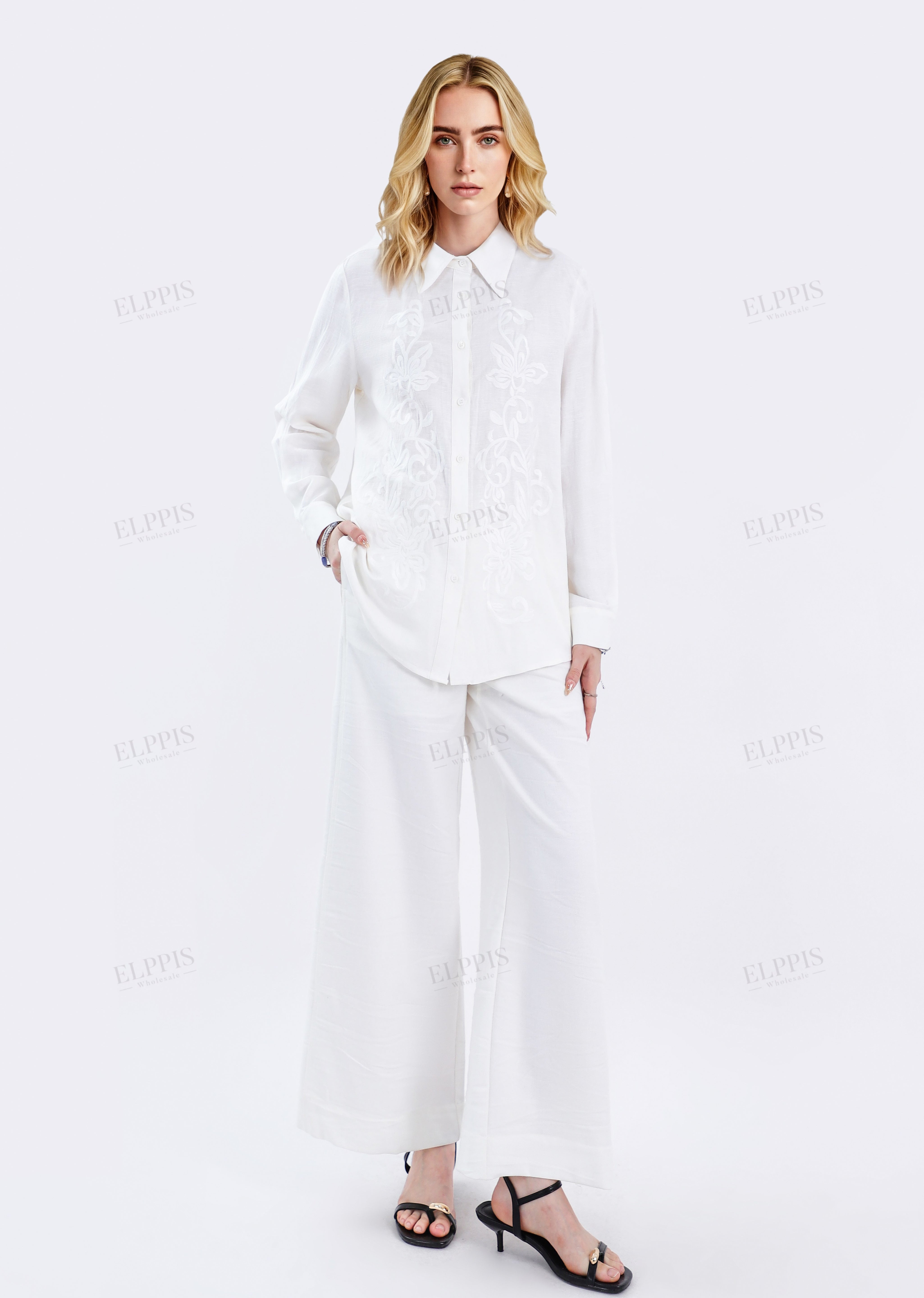 White Sheer Long-Sleeve Shirt with Embroidered Pocket
