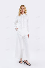 White Sheer Long-Sleeve Shirt with Embroidered Pocket