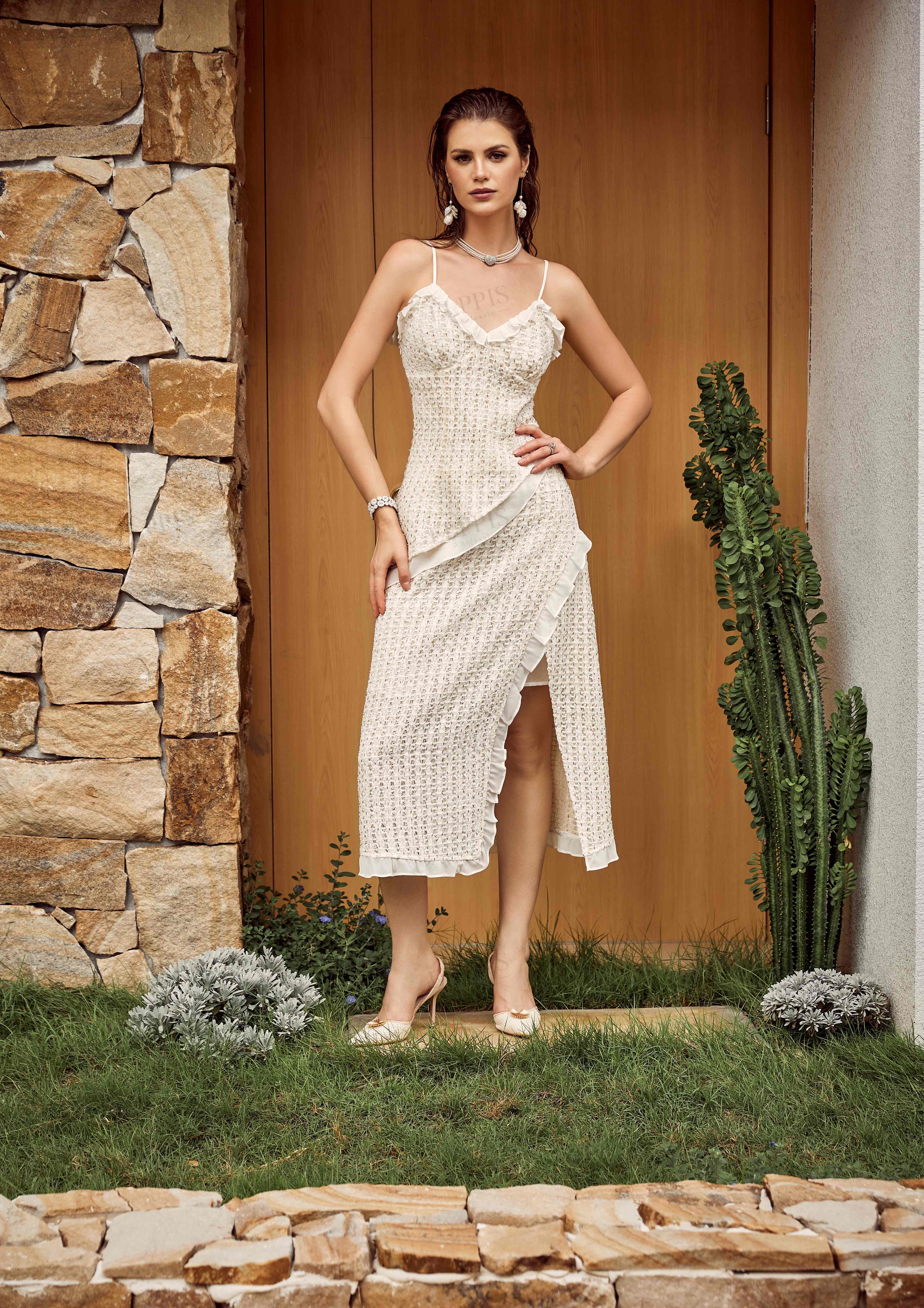 Beige Textured Ruffled Midi Skirt