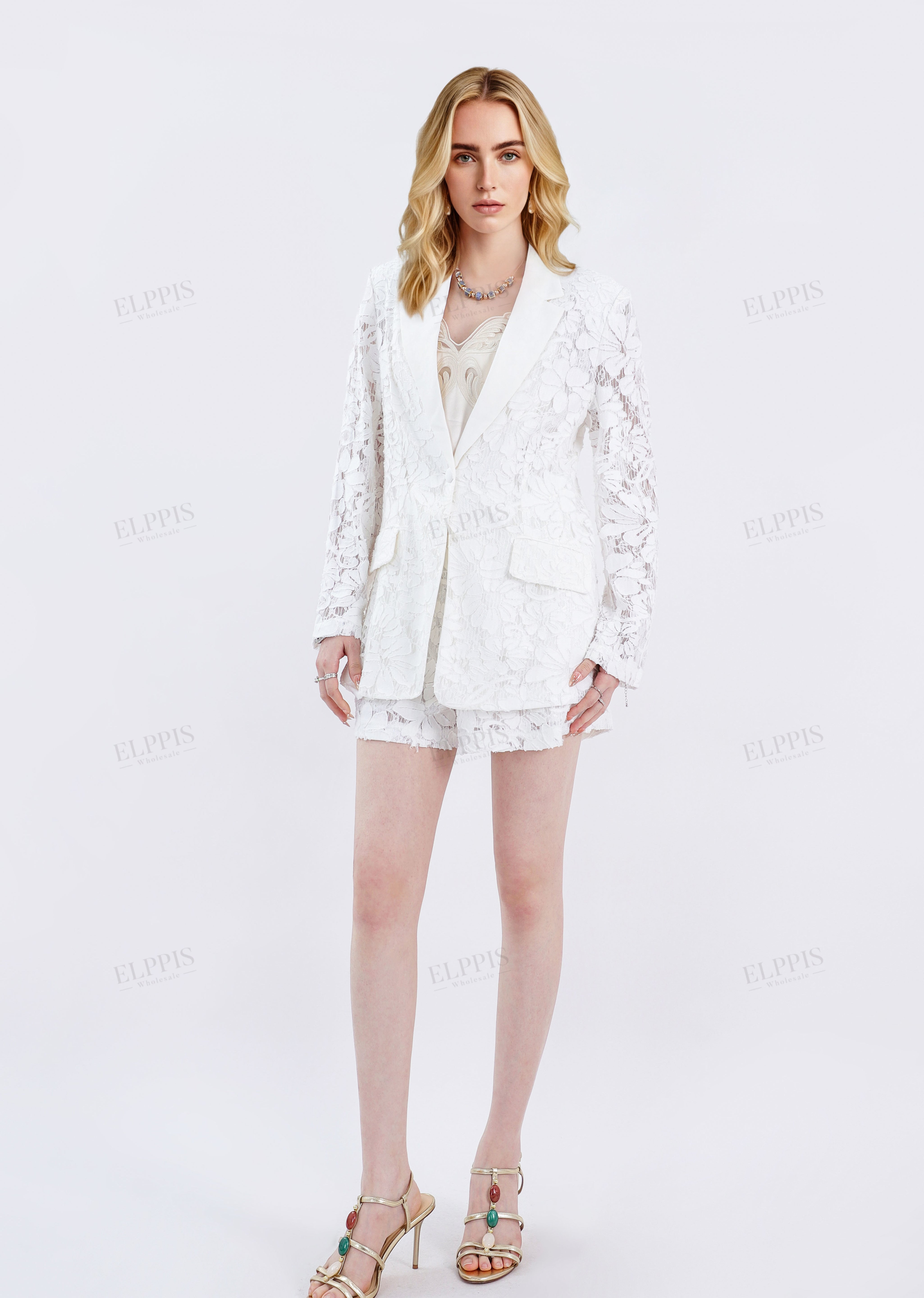 White Floral Lace Long-Sleeve Blazer